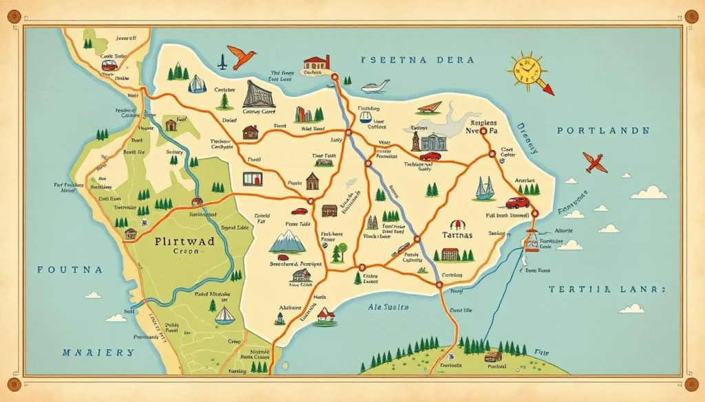 Image of a map showing day trip destinations from Portland