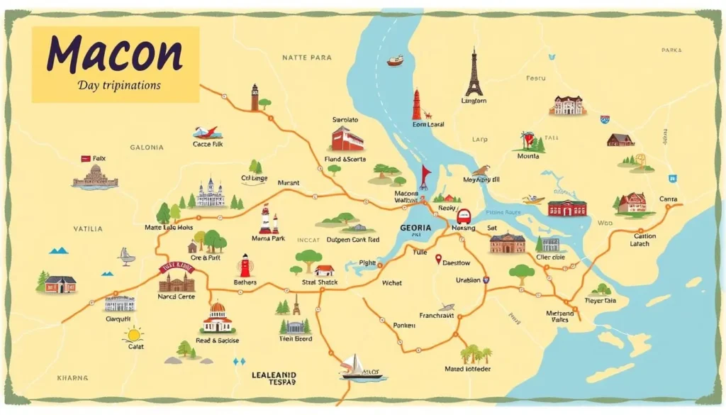 Image of a map showing day trip locations around Macon, Georgia