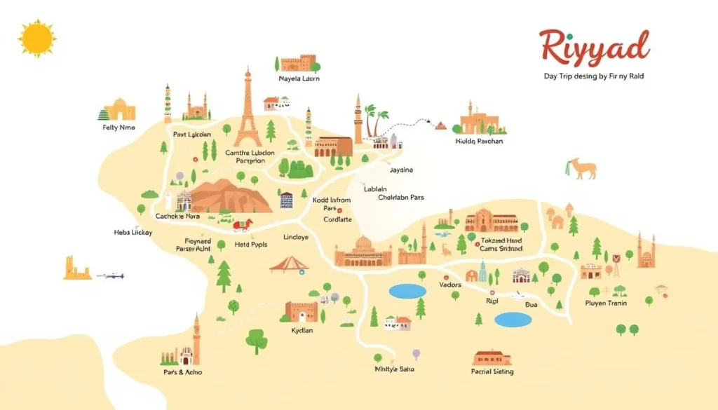 Image of a map showing day trip locations around Riyadh