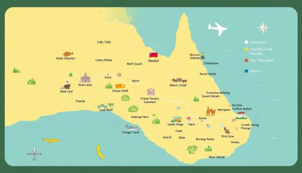 Image of a map showing day trip locations from the Gold Coast