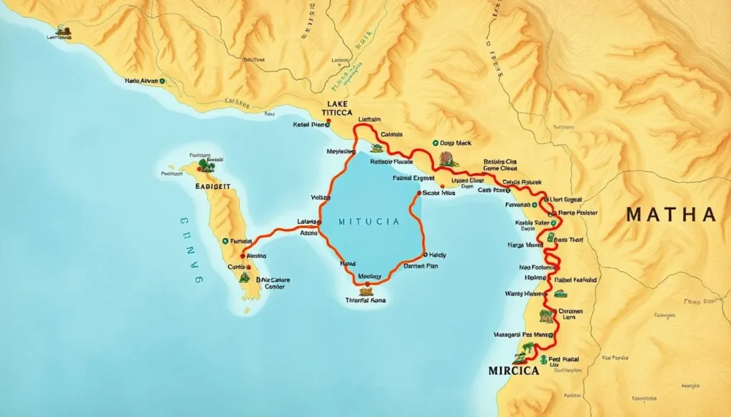 Image of a map showing the location of Lake Titicaca and common travel routes