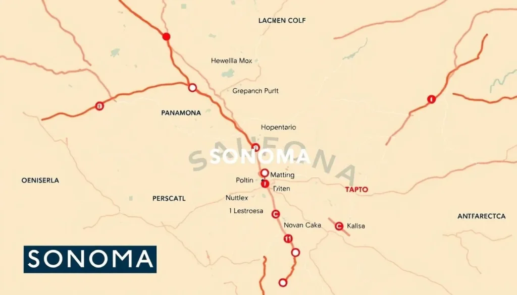 Image of a map showing the location of Sonoma, California, with major highways and airports marked.