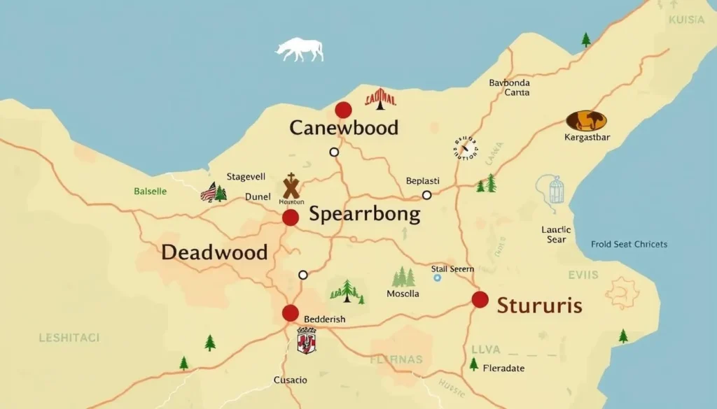Image of a map showing the locations of Deadwood, Spearfish, and Sturgis