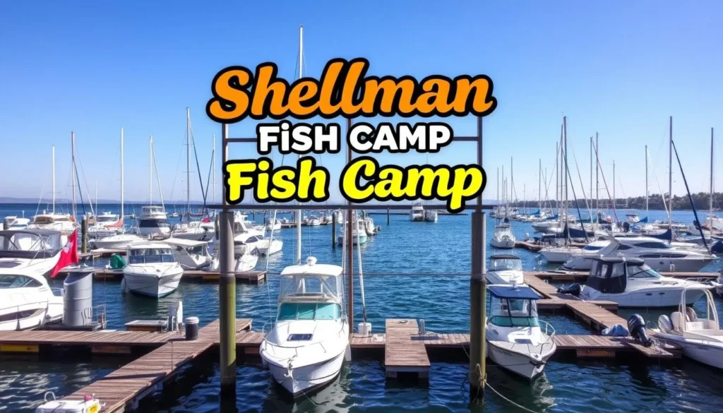 Image of a marina with boats docked, with a sign indicating "Shellman Fish Camp" or "Halfmoon Marina"