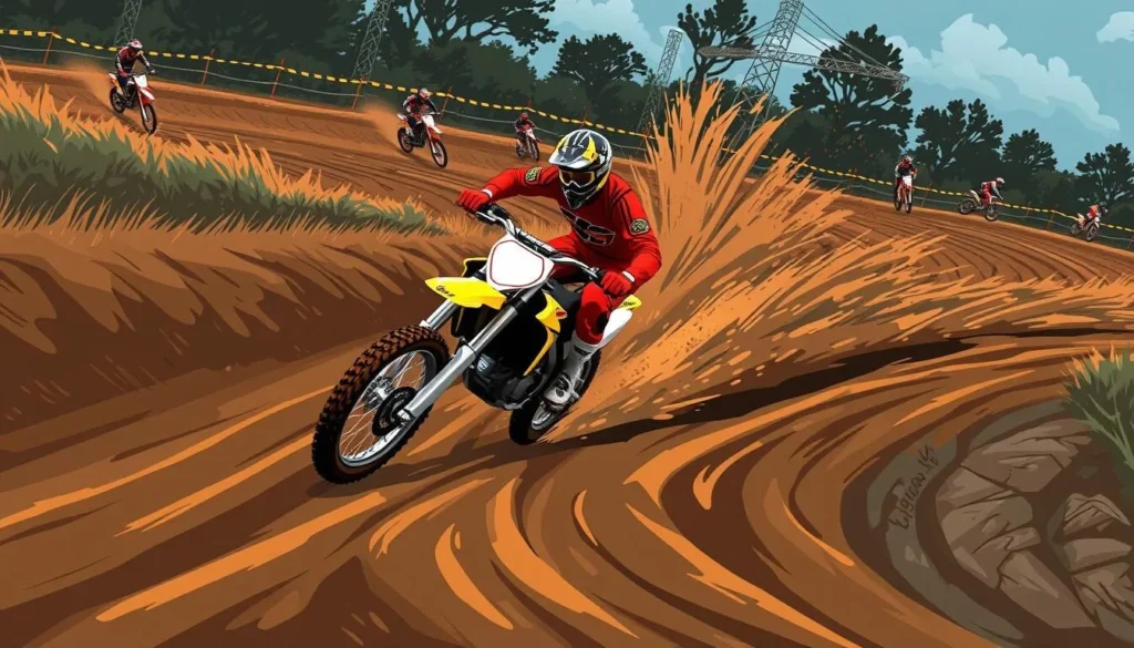 Image of a motocross rider navigating a challenging track with jumps and turns