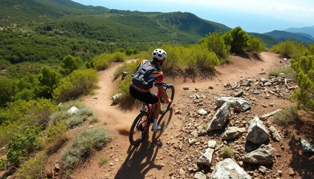 Image of a mountain biker riding on a trail in Halkidiki Image of a mountain biker riding on a trail in Halkidiki