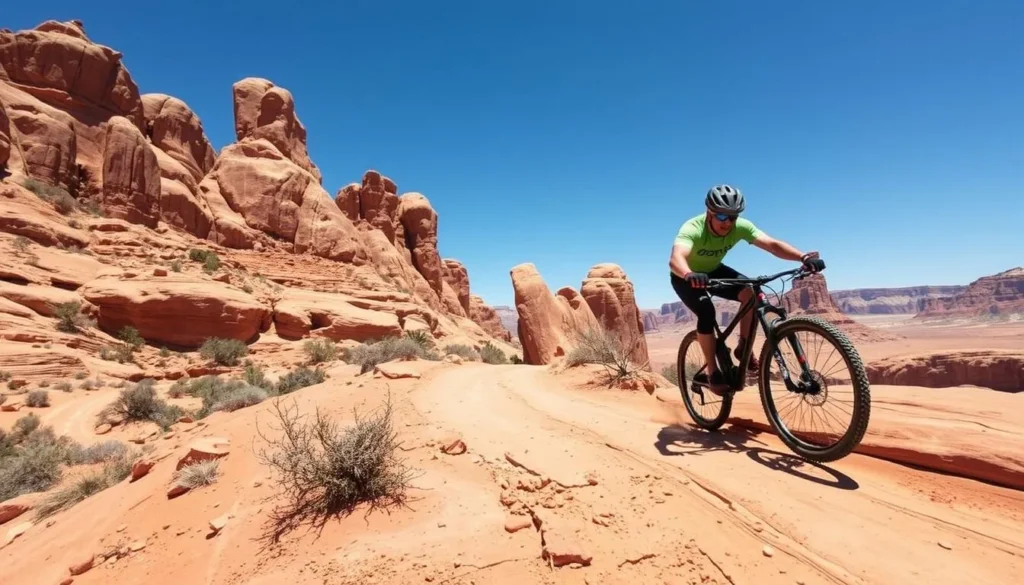 Image of a mountain biker riding on the Slickrock Trail in Moab, Utah