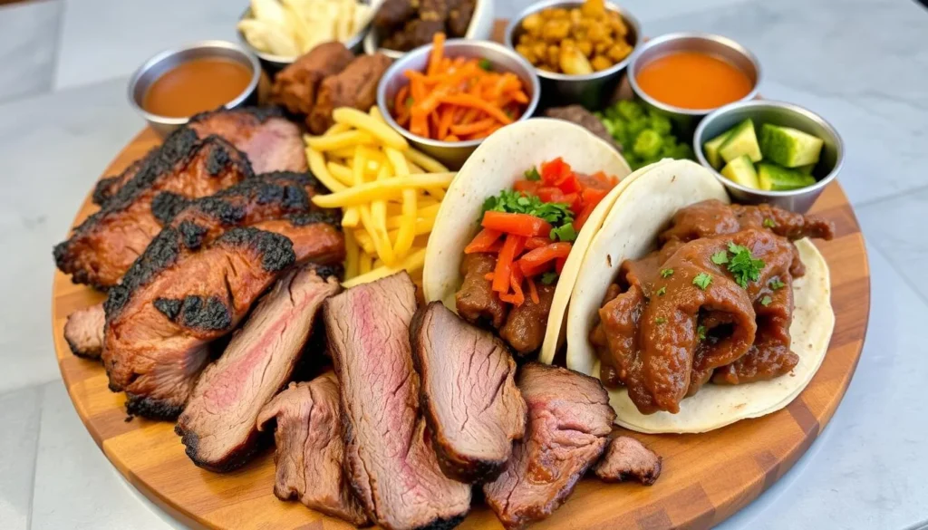 Image of a mouth-watering BBQ plate with smoked brisket, birria tacos, and sides.
