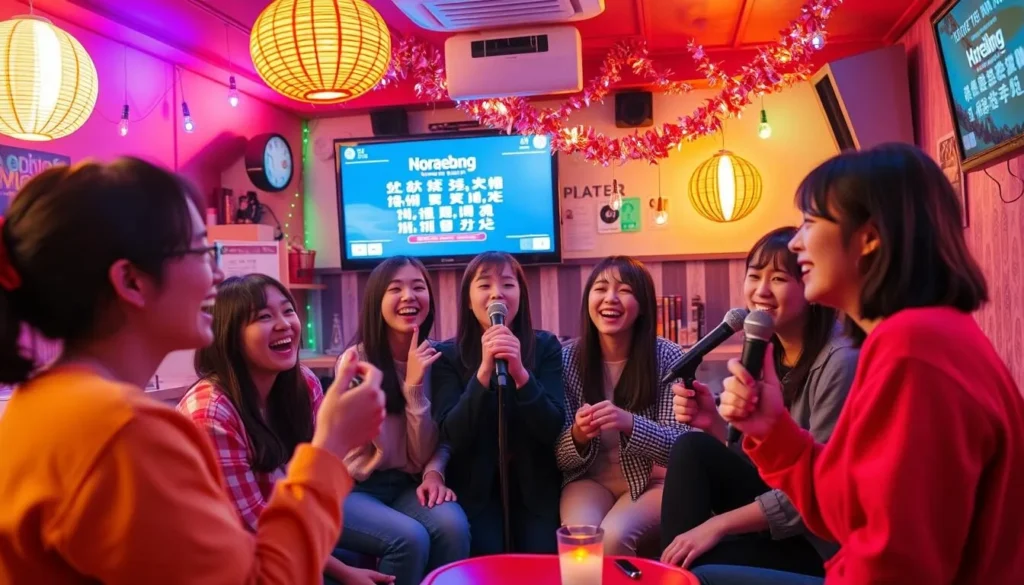 Image of a noraebang room with friends singing karaoke