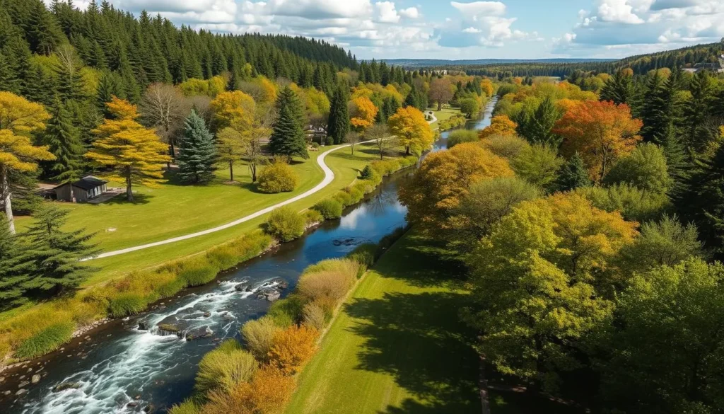 Image of a park with a mix of wooded areas and open spaces, with a river flowing through