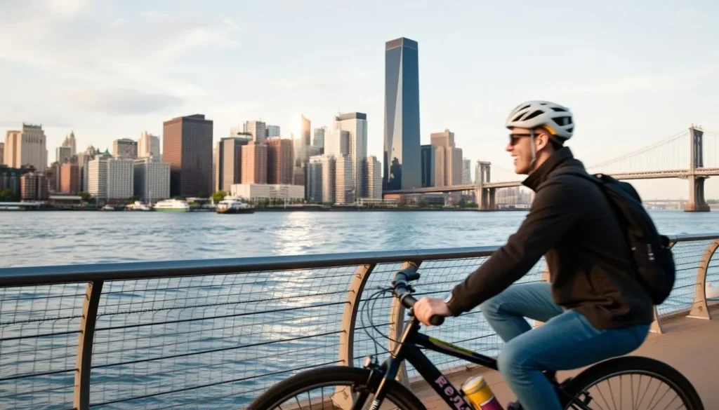 Image of a person biking along the Long Island City waterfront