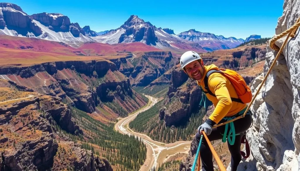Image of a person climbing the Ouray Via Ferrata with the Uncompahgre Gorge in the background