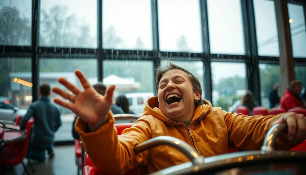 Image of a person enjoying an indoor attraction in Lansing, Michigan, on a rainy day.