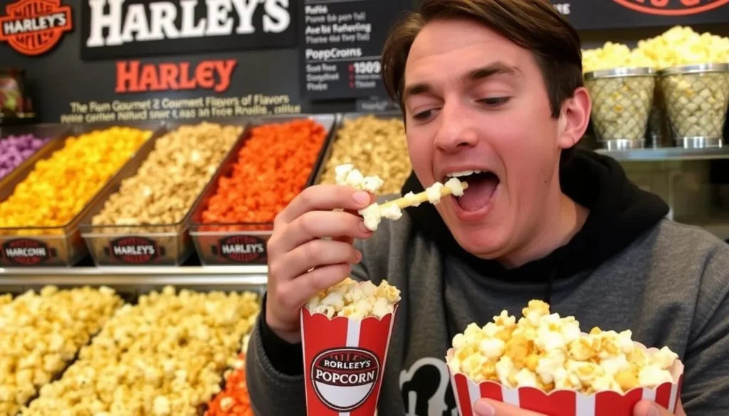 Image of a person enjoying gourmet popcorn at Harley's with different flavors on display