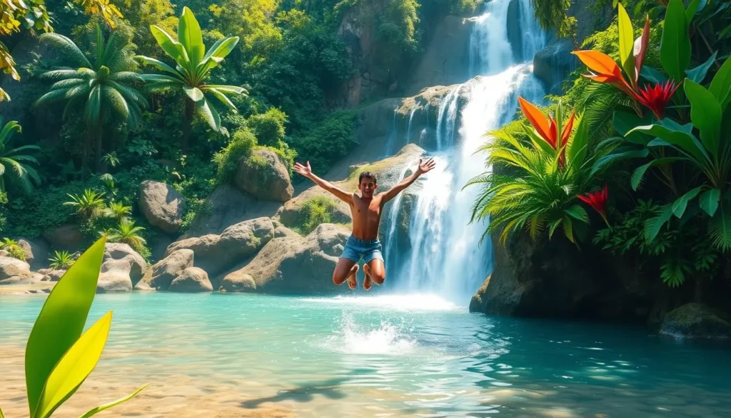 Image of a person jumping into a natural pool at Kawasan Falls