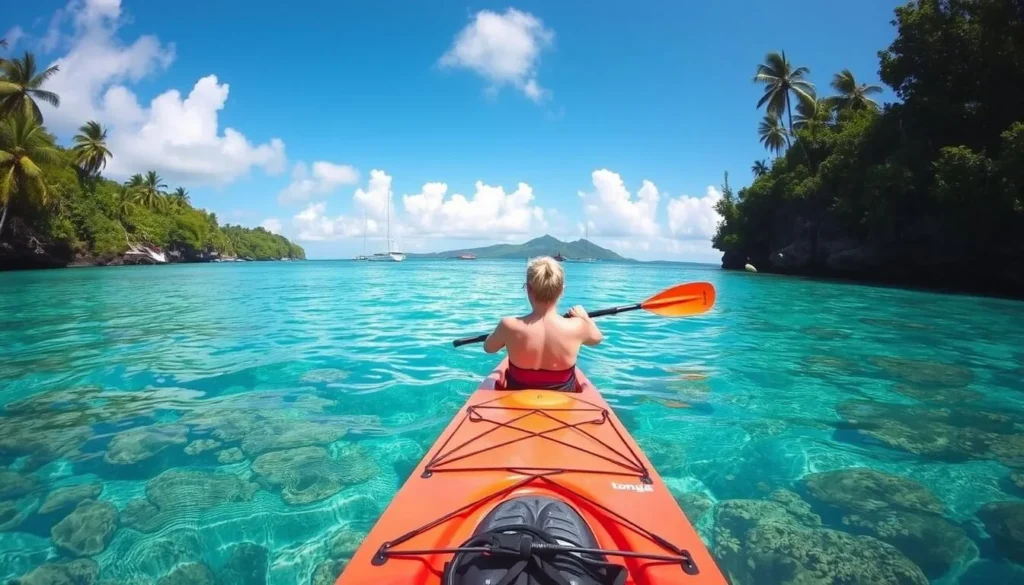 Image of a person kayaking in Tonga's crystal-clear waters Image of a person kayaking in Tonga's crystal-clear waters