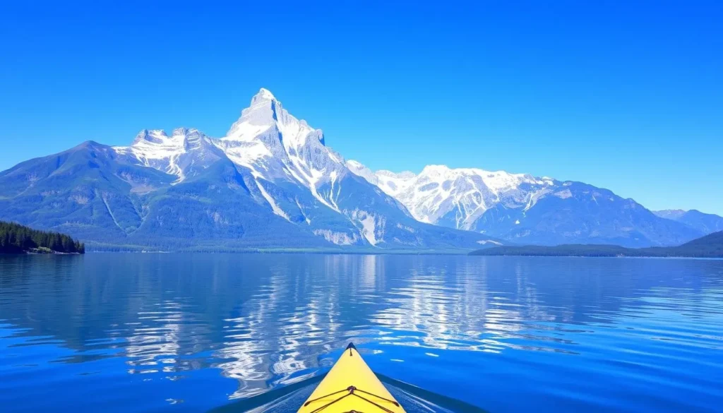 Image of a person kayaking on Nahuel Huapi Lake with Mount Capilla and Lopez in the background.