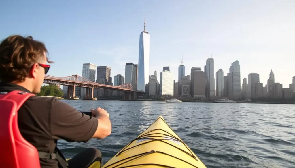 Image of a person kayaking on the East River with the Manhattan skyline in the background
