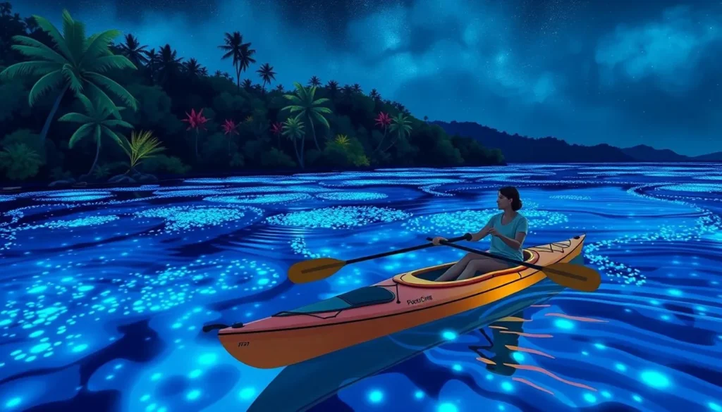 Image of a person kayaking through a bioluminescent bay in Puerto Rico