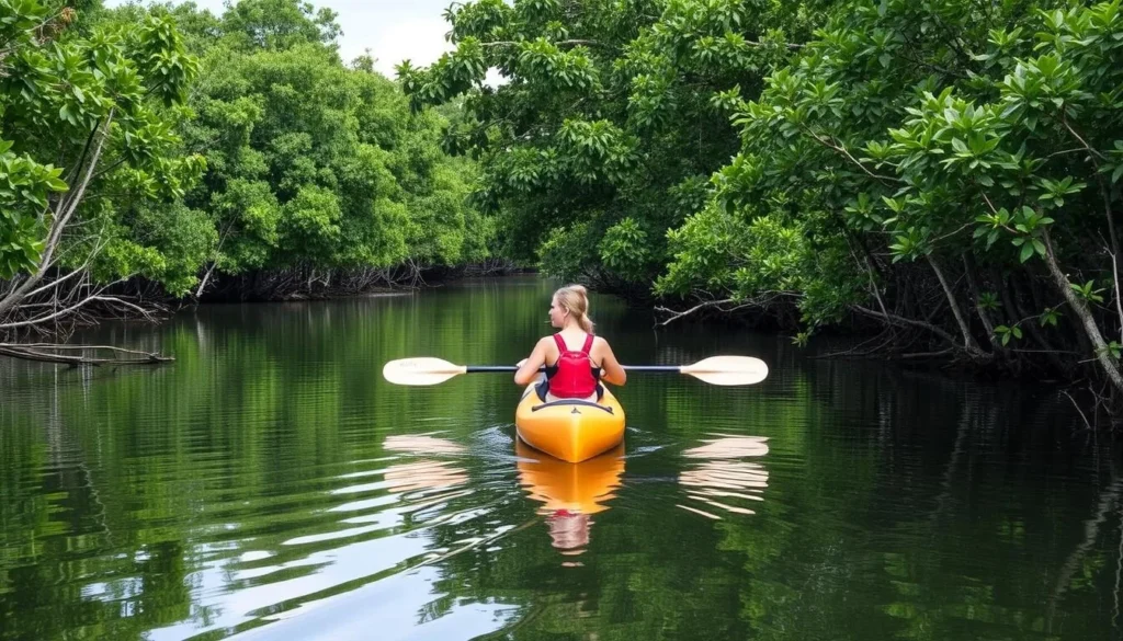 Image of a person kayaking through a serene mangrove system near Port Vila
