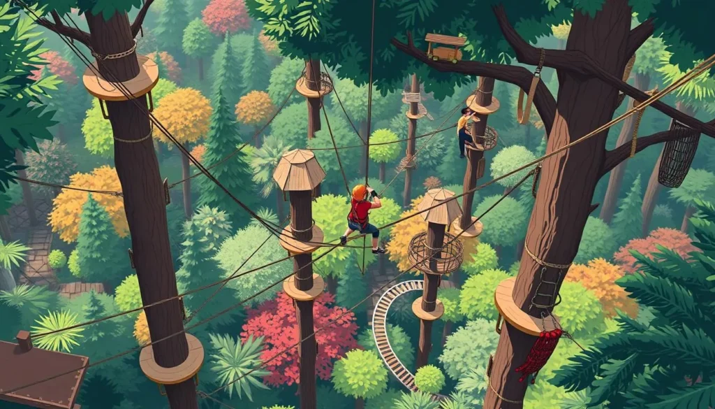 Image of a person navigating through a treetop adventure course with obstacles and zip lines in a lush forest.