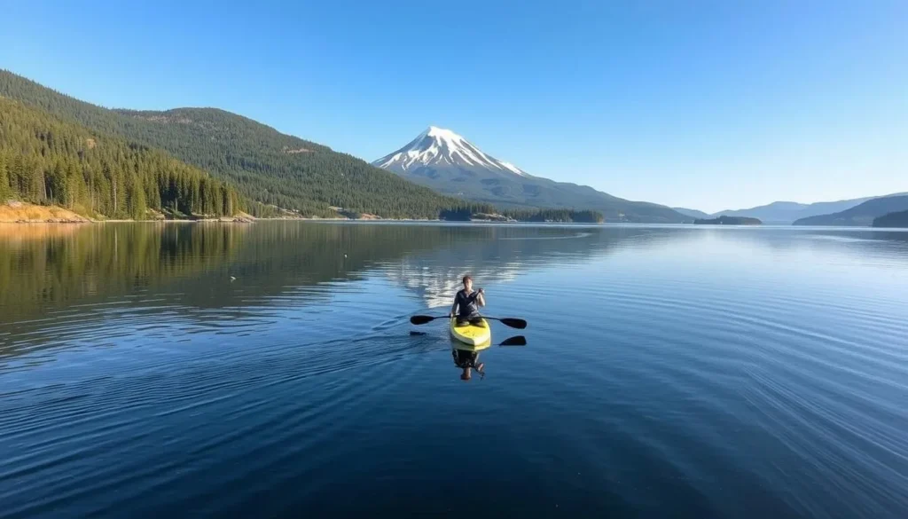Image of a person paddleboarding on Mirror Lake with Whiteface Mountain in the background