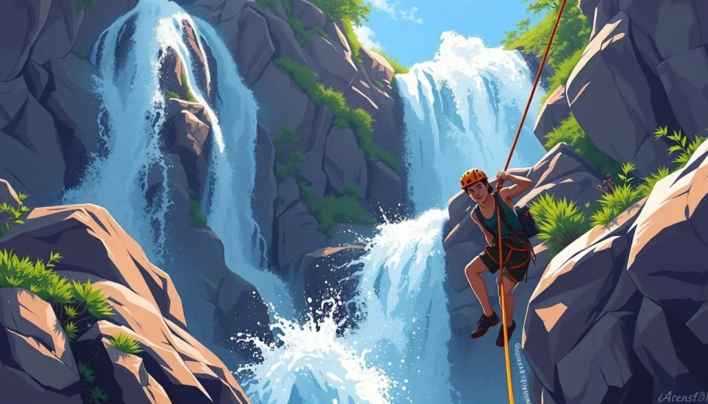 Image of a person rappelling down a waterfall