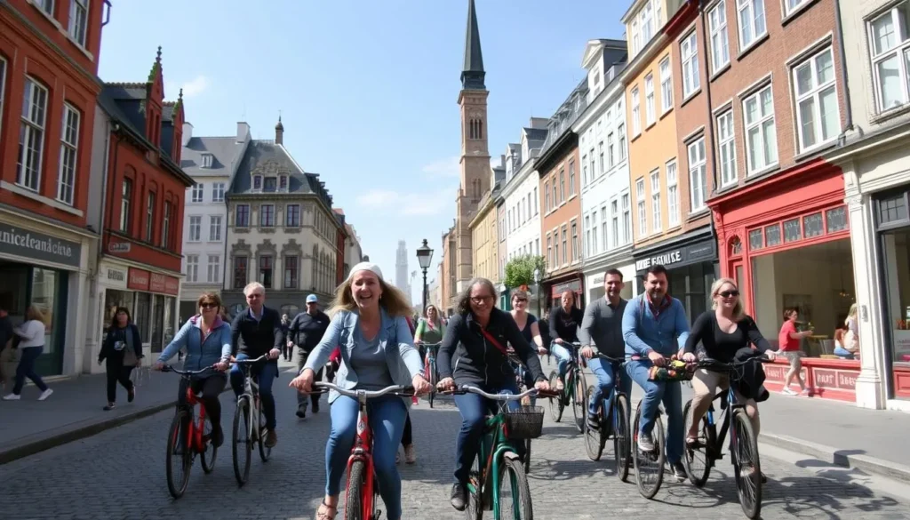 Image of a person riding a bike through Lille's streets with a guided tour group Image of a person riding a bike through Lille's streets with a guided tour group