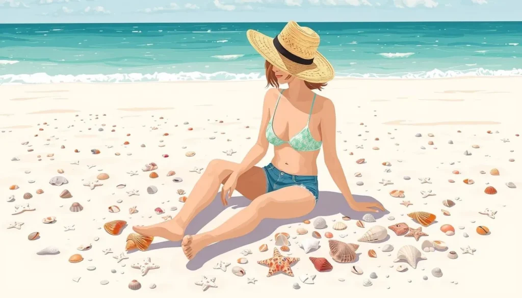 Image of a person shelling on Marco Island's beach, with various seashells and sand dollars.