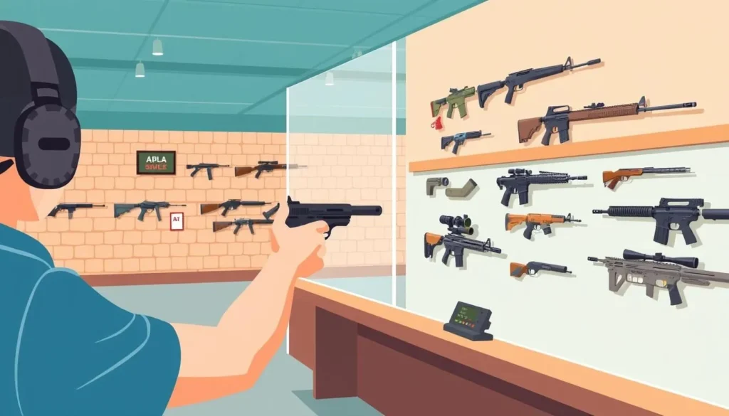 Image of a person shooting at an indoor range with various firearms on display