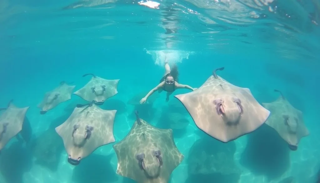 Image of a person snorkeling with stingrays at Stingray City