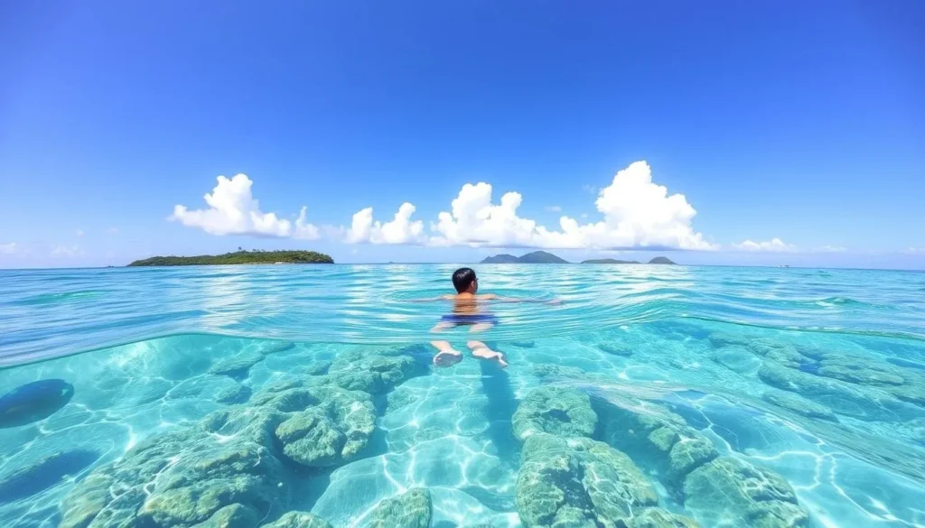 Image of a person swimming in the crystal-clear waters of the Cocos (Keeling) Islands