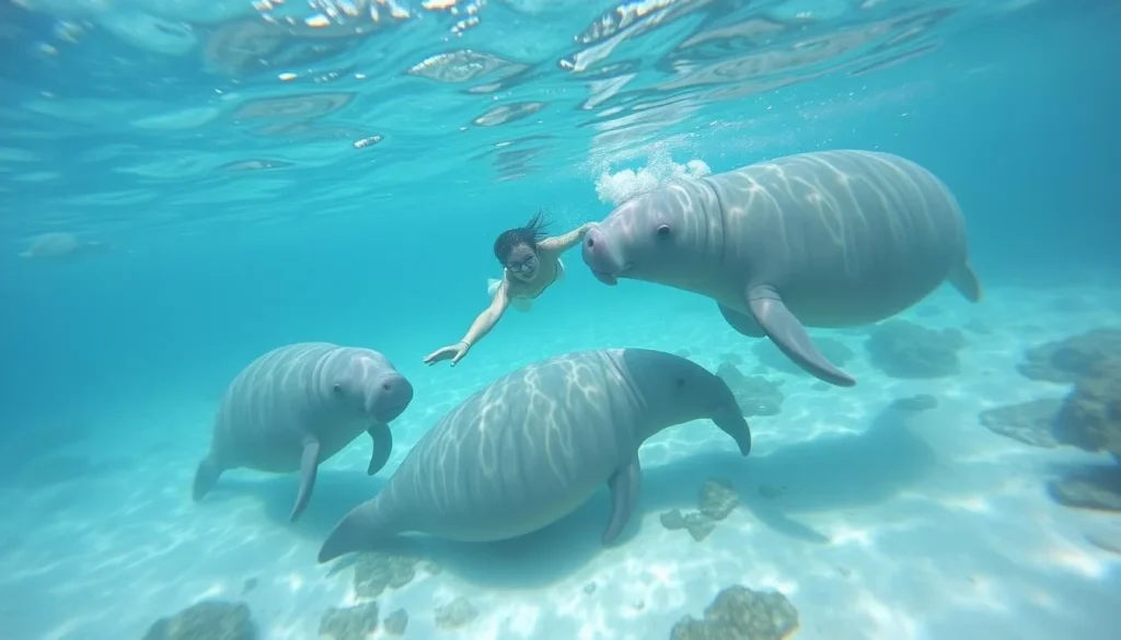 Image of a person swimming with dugongs in the waters of Epi Island