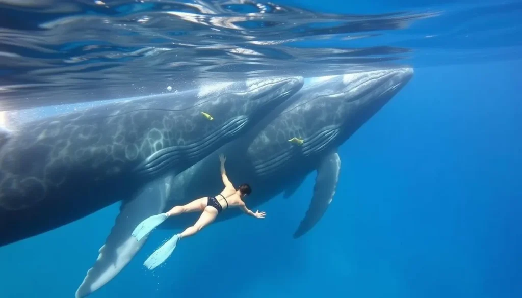 Image of a person swimming with humpback whales in Tonga's clear waters Image of a person swimming with humpback whales in Tonga's clear waters