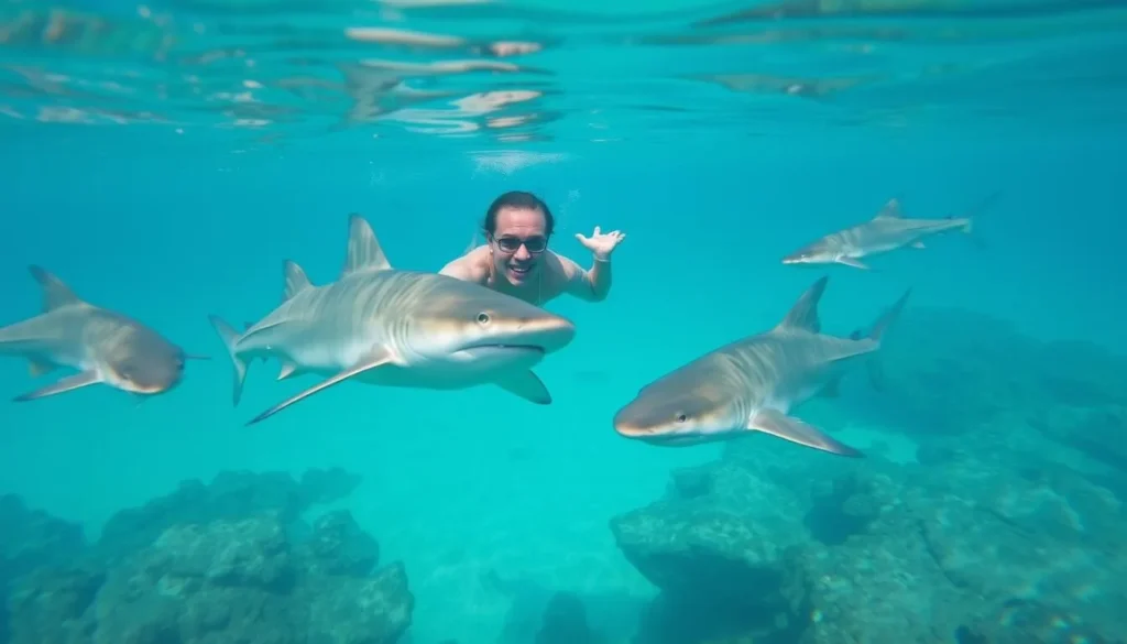 Image of a person swimming with nurse sharks at Compass Cay