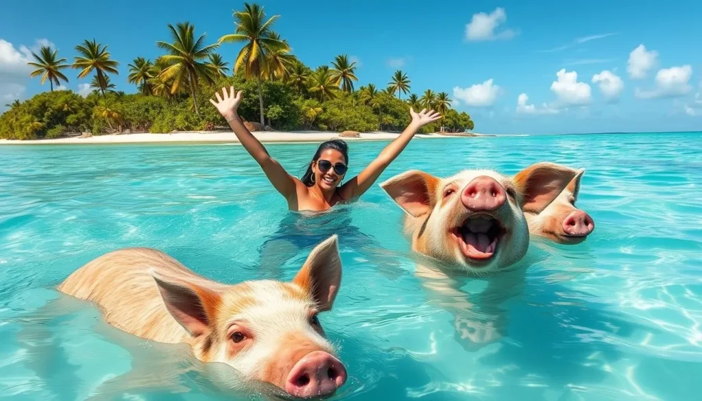 Image of a person swimming with pigs at Big Major Cay