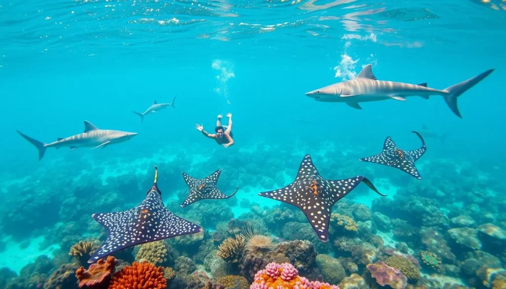 Image of a person swimming with sharks and stingrays in the crystal-clear waters of French Polynesia
