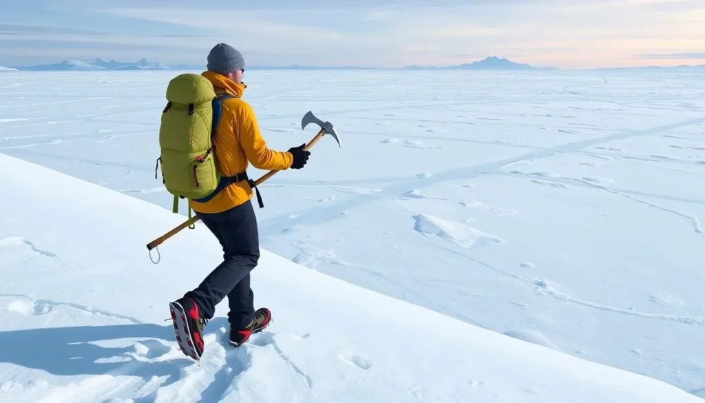 Image of a person walking on the Greenland Ice Sheet with crampons and ice axe Image of a person walking on the Greenland Ice Sheet with crampons and ice axe
