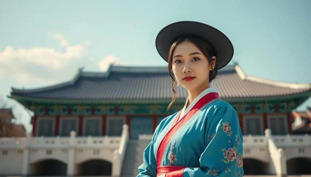 Image of a person wearing hanbok at Gyeongbokgung Palace