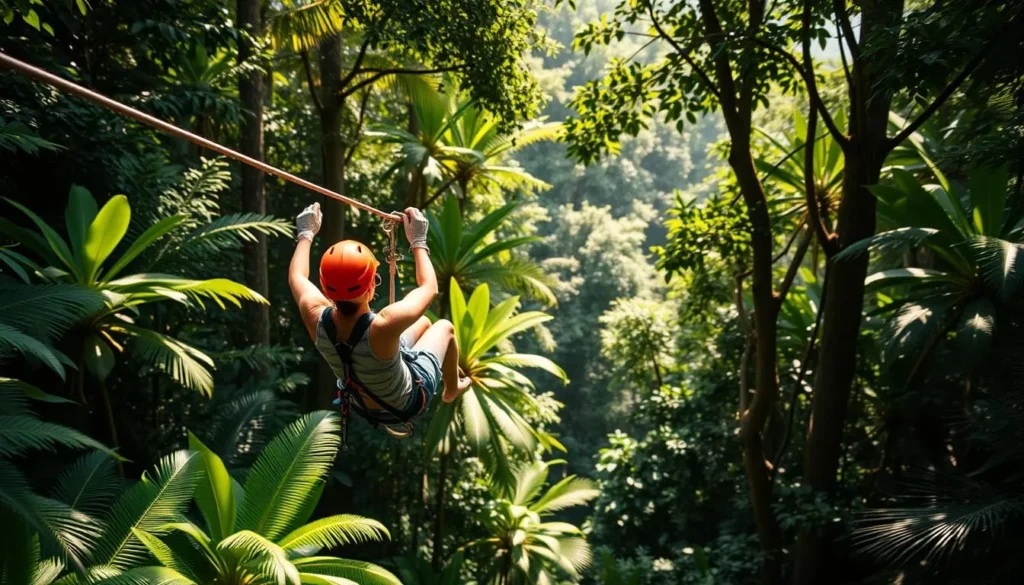 Image of a person zip-lining through a lush forest in Puerto Rico