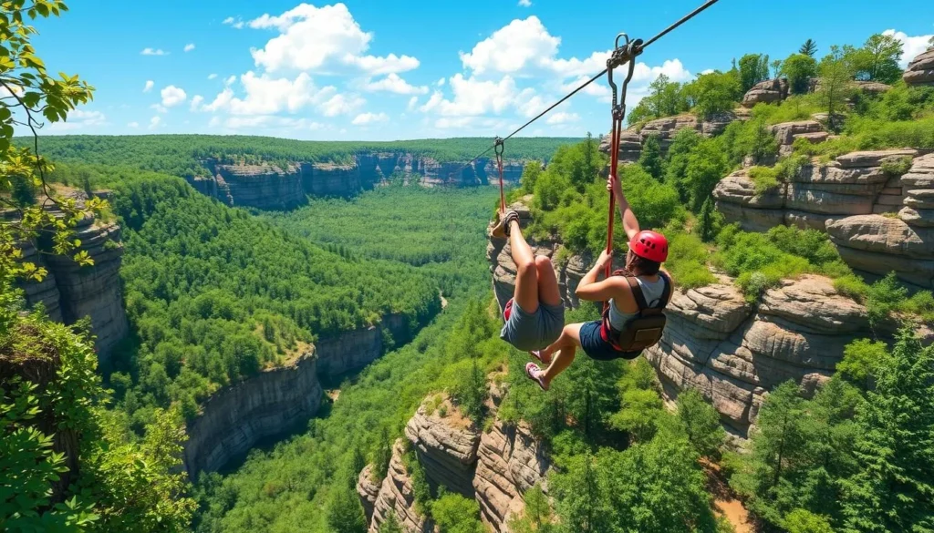 Image of a person zip lining through the Wisconsin Dells landscape