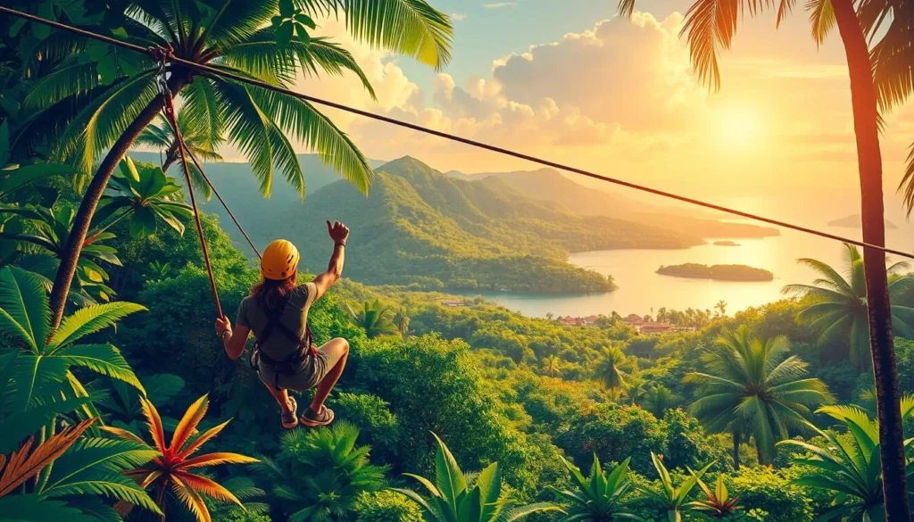 Image of a person ziplining over a Jamaican plantation estate
