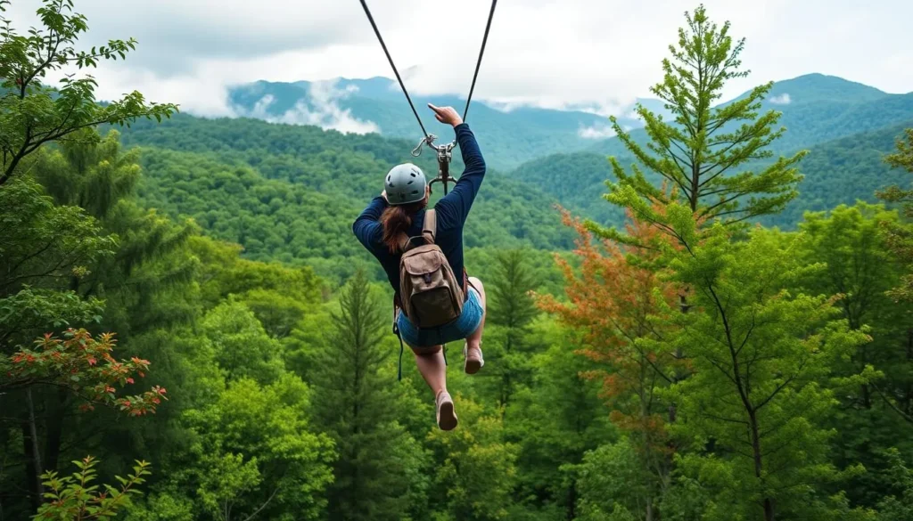 Image of a person ziplining through the Smoky Mountains