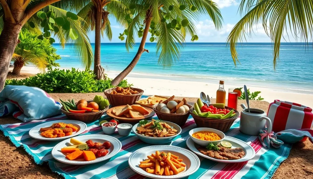Image of a picnic setup on Isla Palomino with a variety of Puerto Rican dishes