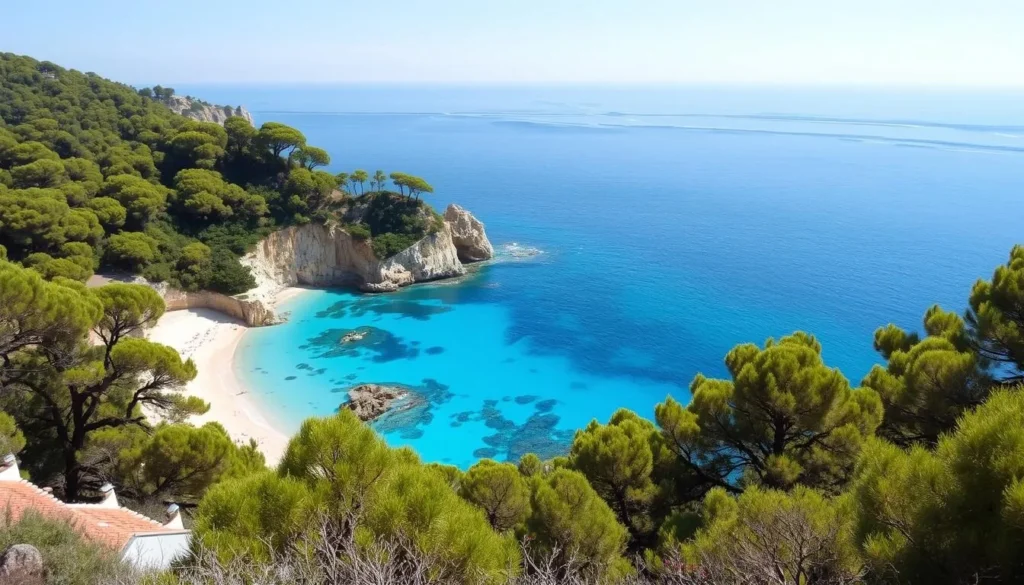 Image of a picturesque beach in Costa Brava with turquoise waters and pine-covered headlands