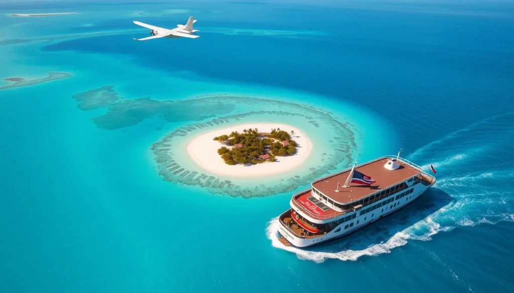 Image of a plane flying over the Bahamas or a ferry approaching Eleuthera
