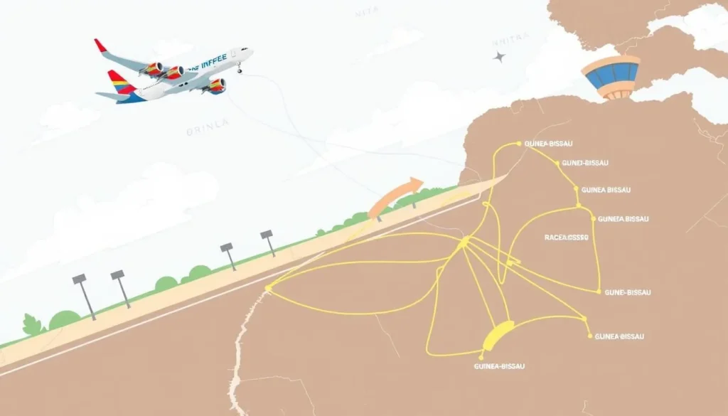 Image of a plane landing in Guinea-Bissau or a map showing flight routes to Guinea-Bissau