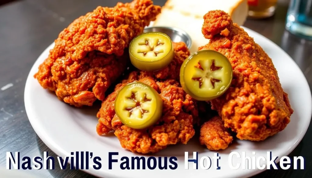 Image of a plate of Nashville hot chicken with a caption "Nashville's famous hot chicken" Image of a plate of Nashville hot chicken with a caption "Nashville's famous hot chicken"