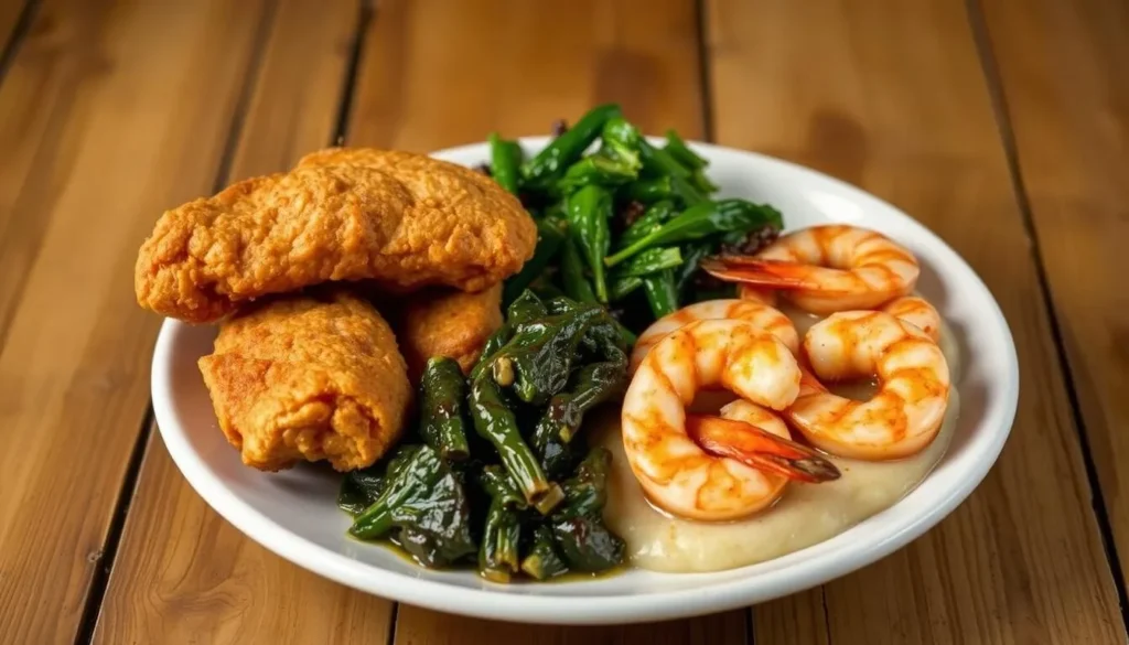 Image of a plate of fried chicken, shrimp and grits, and collard greens