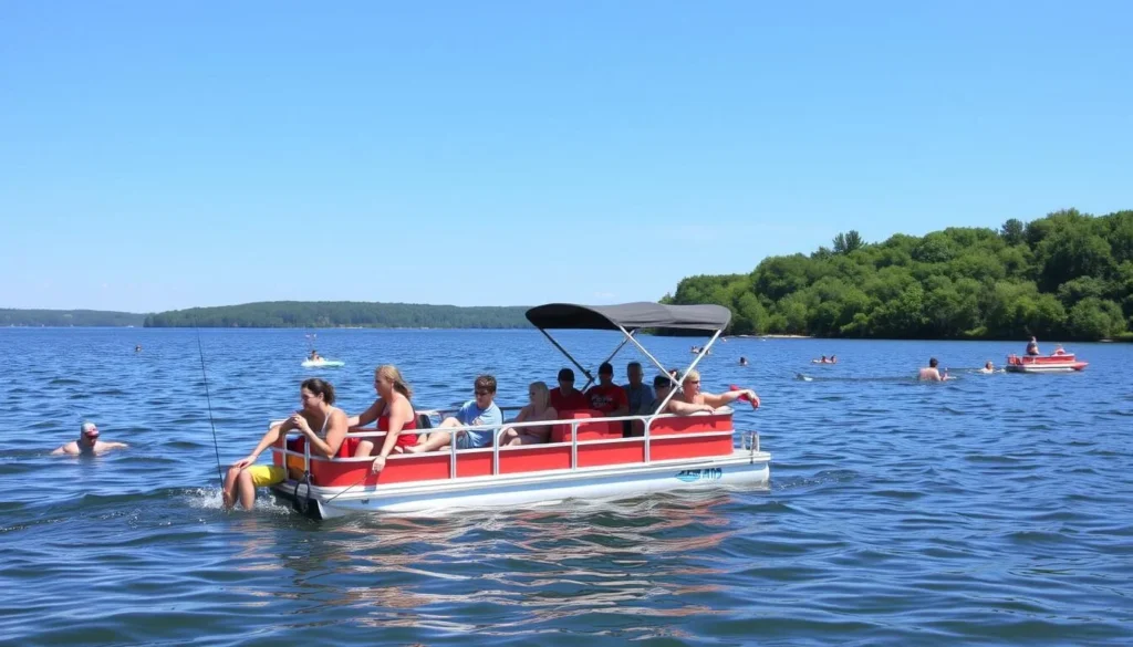 Image of a pontoon boat on Leech Lake with people enjoying water activities